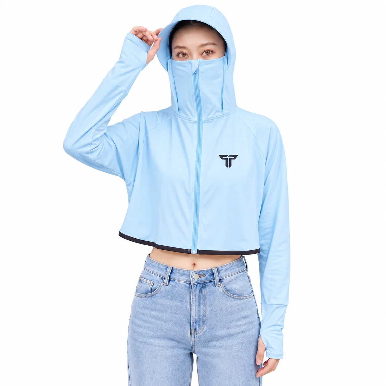 Women's UV Protection Crop Hoodie Jacket in Sky Blue, crop length