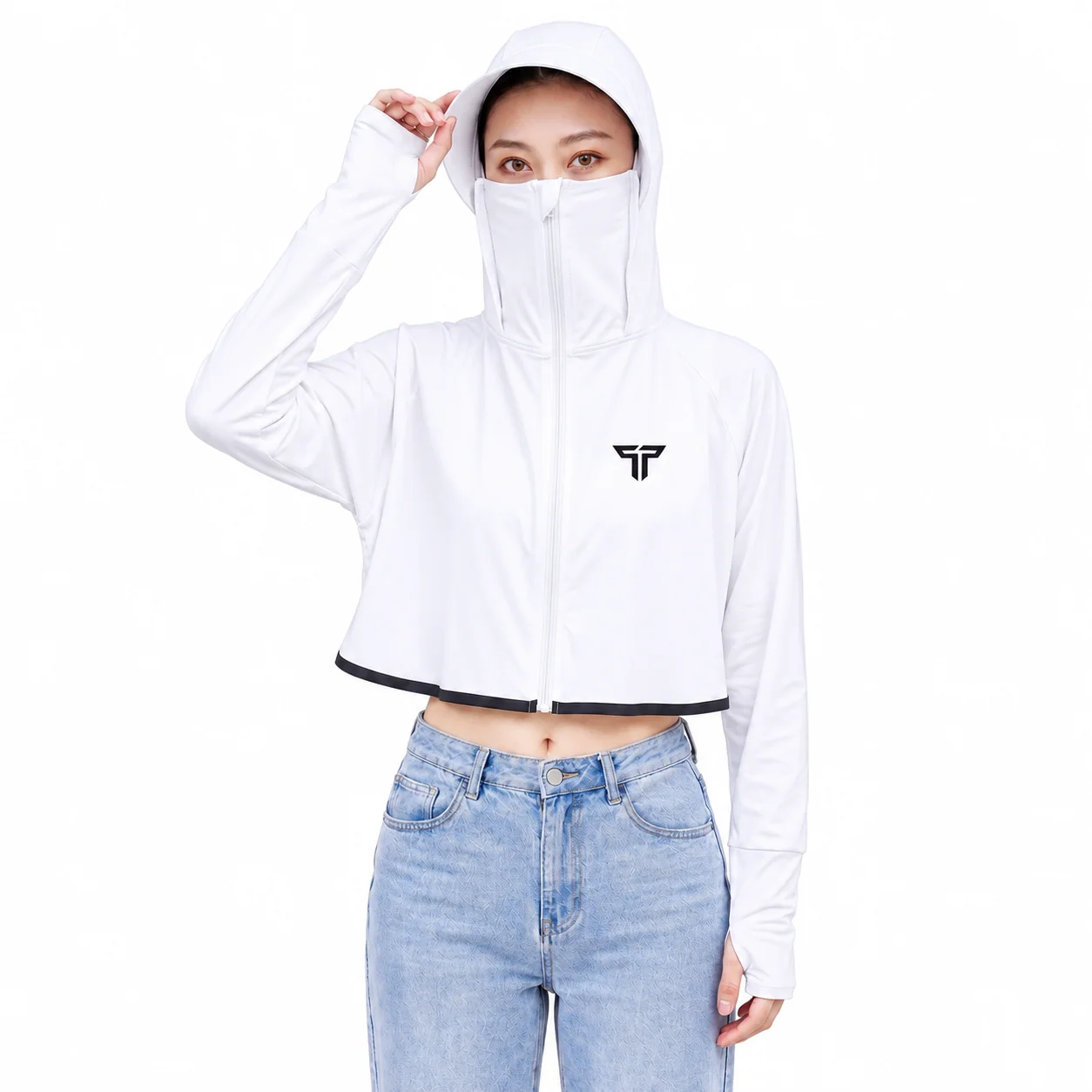 Women's UV Protection Crop Hoodie Jacket in White, crop length